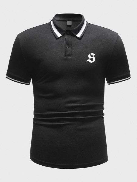 

men alphabet print contrast binding polo shirt l0bk#, White;black