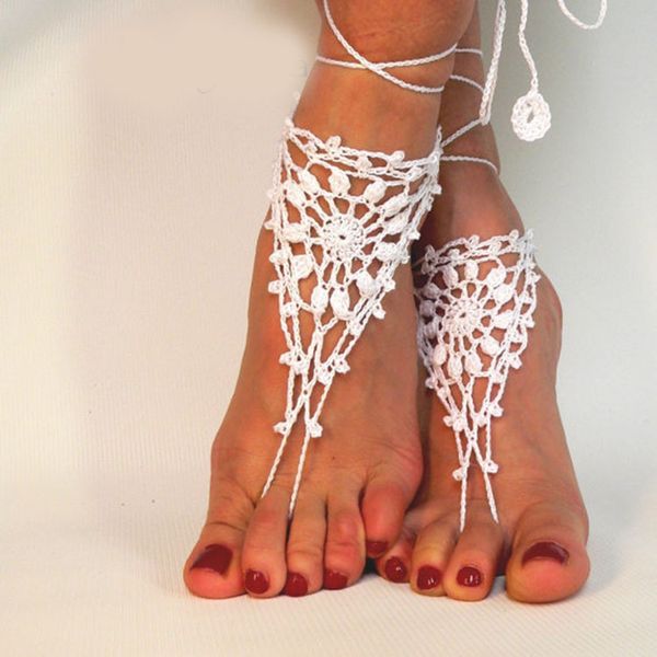 Schmuck weiße Baumwollhaken Blume Fußkettchen -Brauttanzzubehör gestrickt Kochett Handfuß Dekoration