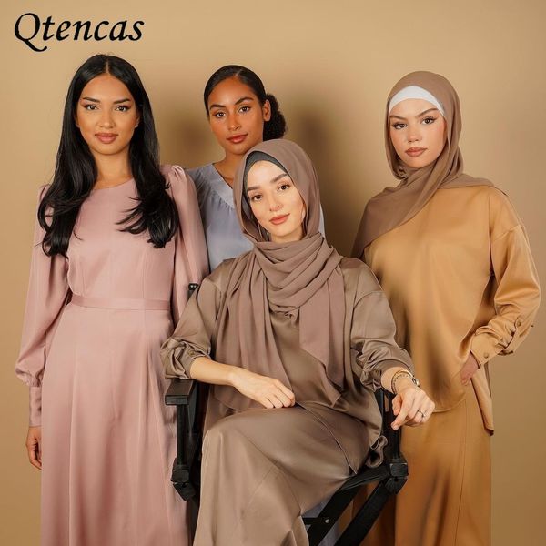 

eid mubarek satin abaya turkey two piece muslim sets hijab dress caftan islam clothing abayas for women dubai musulman ensembles, Red