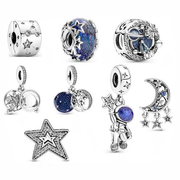 925 Sterling Silber Perlen Mond Stern Sternenhimmel Blaue Serie Charm passend für Pandora-Armbänder oder Halsketten-Anhänger als Damengeschenk