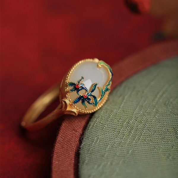 

cluster rings zhixun gold inlaid enamel lotus for women carved floral hetian jade opening adjustable ring exquisite luxury lady jewelry, Golden;silver