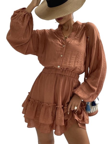 

lantern sleeve ruffle hem shirt dress l1ez#, Black;gray