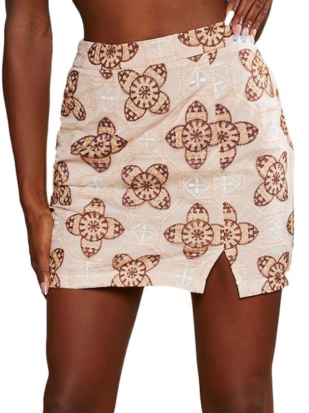 

geo embroidery split hem skirt 71z9#, Black