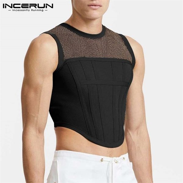 

men tank mesh patchwork round neck streetwear sleeveless see through vests party nightclub men crop incerun 220527, White;black