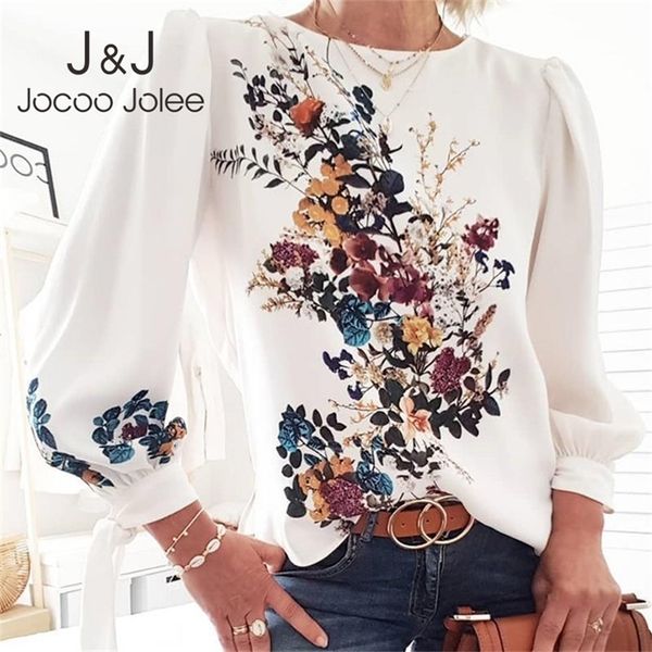 

jocoo jolee women elegant puff sleeve bow tie shirt floral print o-neck women blouse ladies chic loose chiffon blouse blusa 210308, White