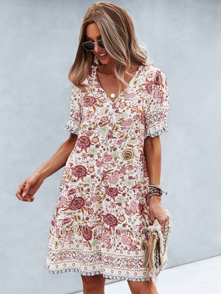

allover floral print flounce sleeve smock dress x7xx#, Black;gray