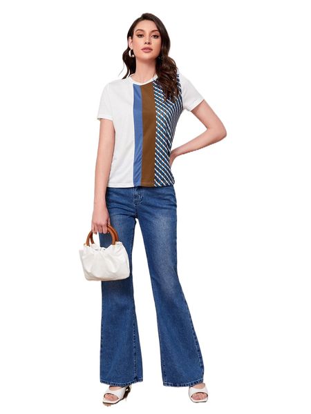 

geo panel colorblock crew neck t-shirt i5k2#, White