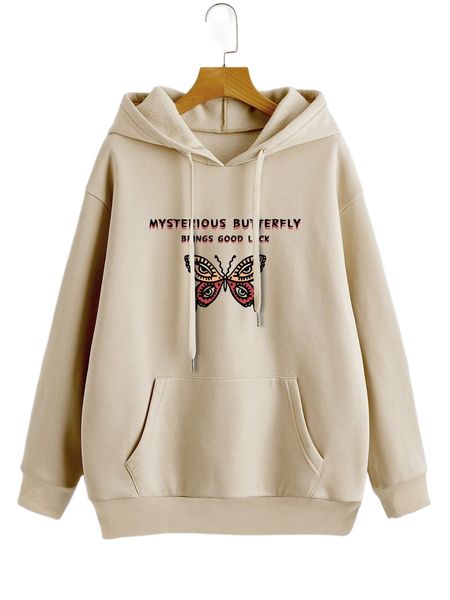 

slogan & butterfly print thermal hoodie q5hg#, Black