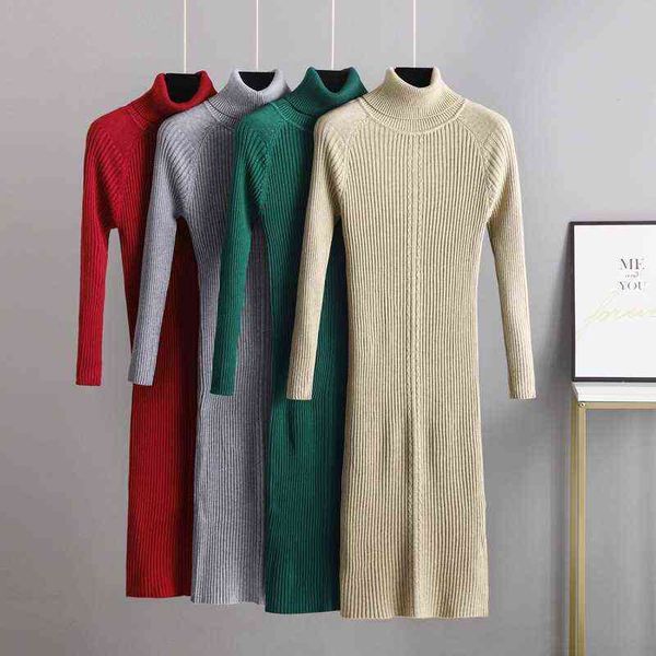 

2021 autumn winter thick straight maxi sweater dress women high neck long sweater dress elegant female bodycon knit dress t220804, Black;gray