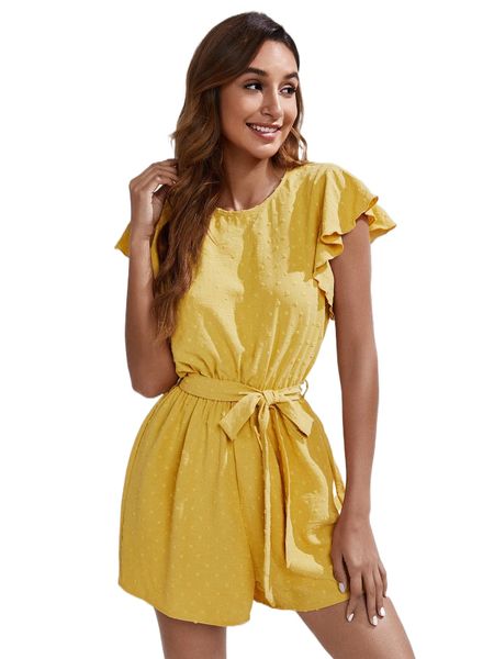 

flutter sleeve swiss dot cut out back belted romper p5oo#, Black;white