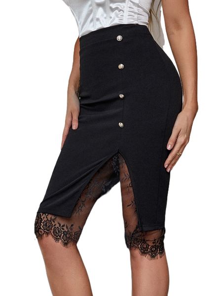 

eyelash lace panel button detail skirt 06jc#, Black