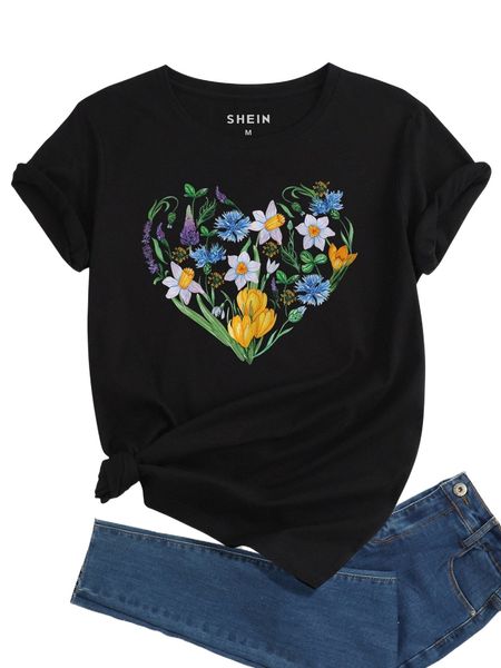 

floral print round neck tee h4cz#, White