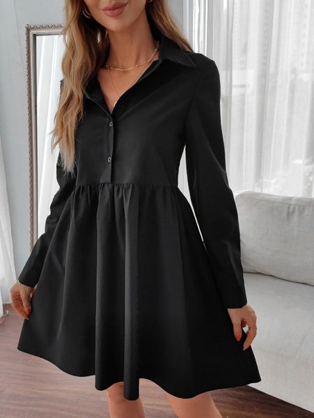 

solid half button smock dress a8ll#, Black;gray