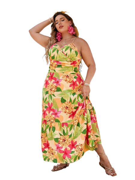 

plus tropical print overlap collar criss cross backless ruffle hem cami dress s2p2#, Black