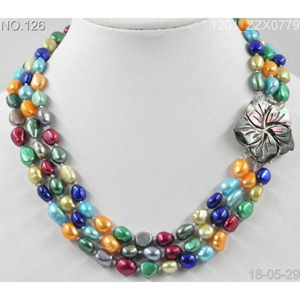 

3row8-9 mm multicolor freshwater cultured pearl necklace case buckle aaa, Silver