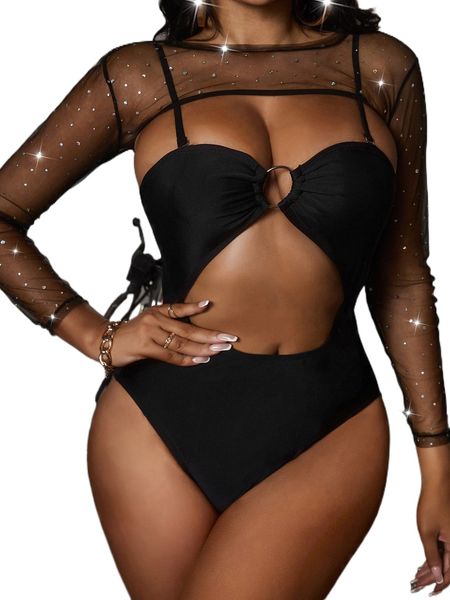 

cut-out ring linked one piece swimsuit with cover up g4tk#, White;black