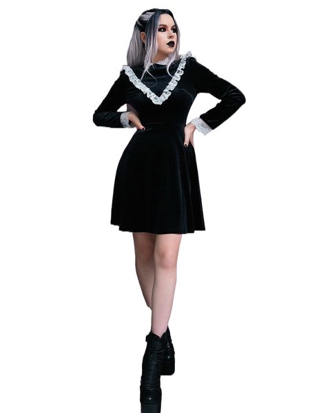 

contrast lace frill trim velvet dress x22o#, Black;gray