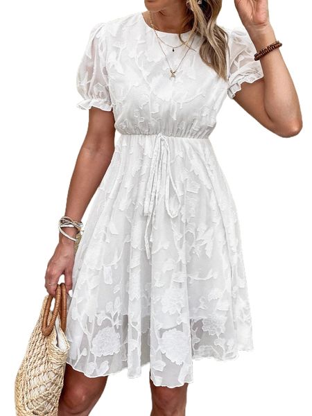 

floral embossing tie waist a-line chiffon dress i42z#, Black;gray