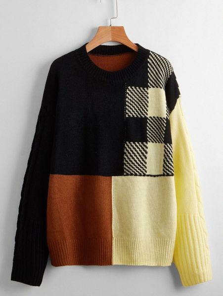 

plaid pattern & color-block drop shoulder sweater v3s5#, White;black