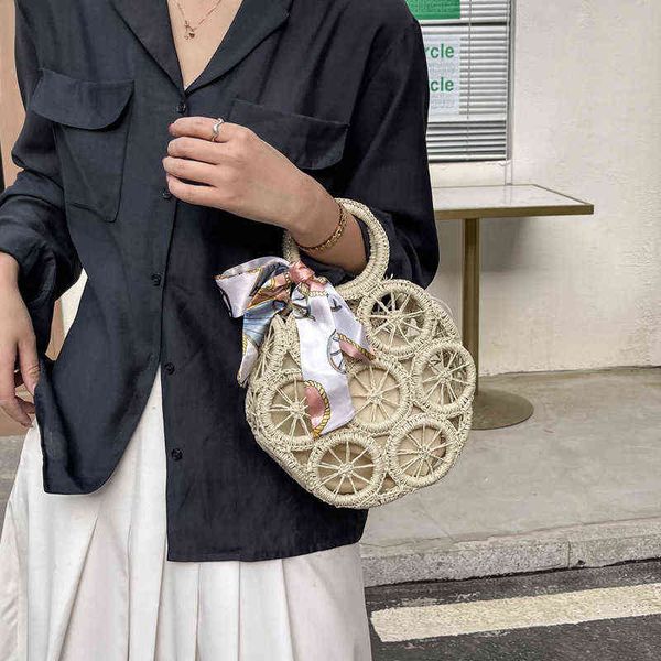 Sacos de compras Hollow moda roda mulheres handbag lenços ocasional scrives ladies top handle circular simples verão fêmea menina menina bolsa praia 220318