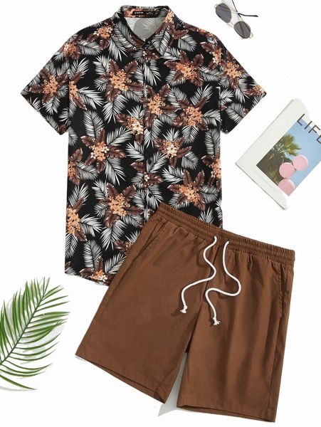 

men tropical print shirt & drawstring waist shorts q1f9#, Gray