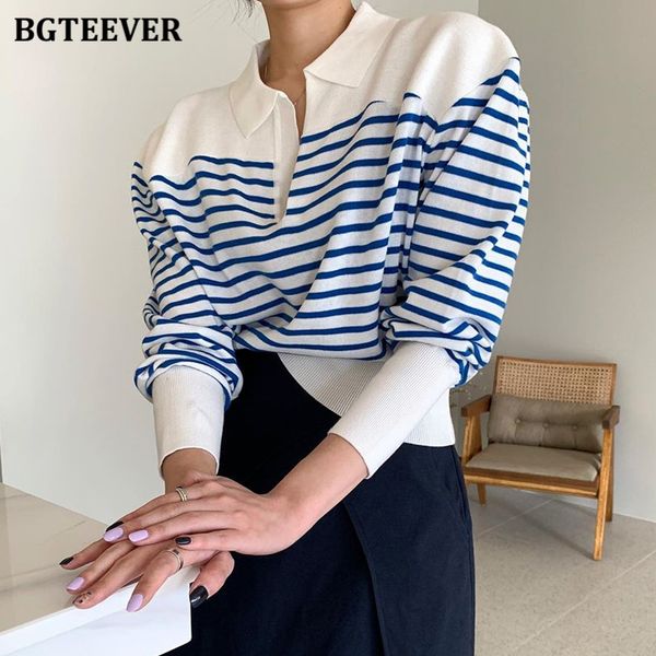 

chic turn-down collar women knitted patchwork striped jumpers 2022 autumn long sleeve casual female pullover sweaters, White;black