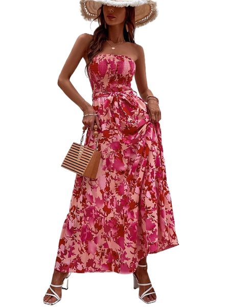 

floral print shirred bodice tube dress a5iz#, Black;gray