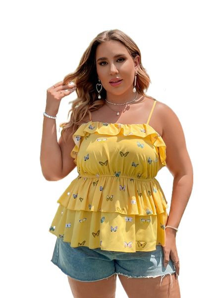 

plus butterfly print ruffle trim layered hem cami u8s0#, Black