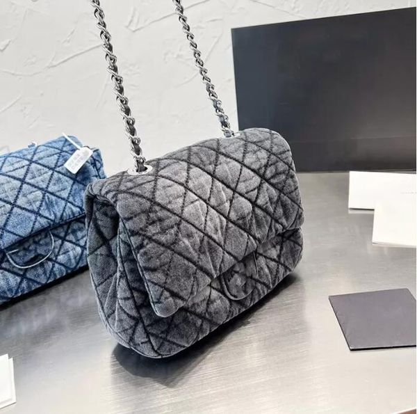 

tz 2022ss vintage womens denim classic flap quilted bags silver metal hardware matelasse chain crossbody shoulder handbags turn lock luxury