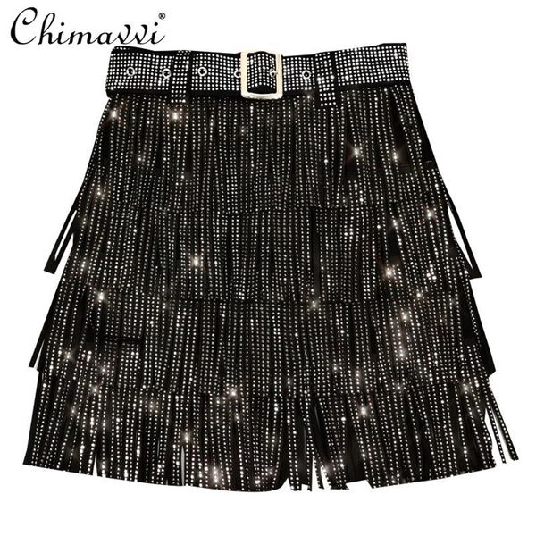 

spring heavy drilling s fringed skirt with belt women's high waist multi layer short cake skirts 220322, Black