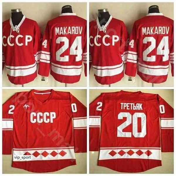 MThr CCCP 1980 Russia Hockey Jersey Ice 24 Sergei Makarov 20 Vladislav Tretiak Rosso Bianco Tutto cucito Home Sport Qualità