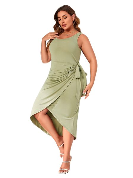 

plus solid wrap hem knot side dress r3zb#, Black