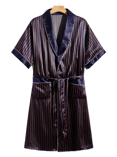 

men striped shawl collar patched pocket belted robe 38cj#, Black;brown