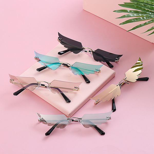 

angel wings rimless sunglasses fashion ladies sunglasses vintage real film sunglasses uv400 narrow glasses fashion accessories, White;black