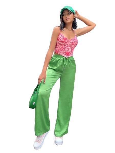 

drawstring waist slant pocket satin pants 86vf#, Black;white