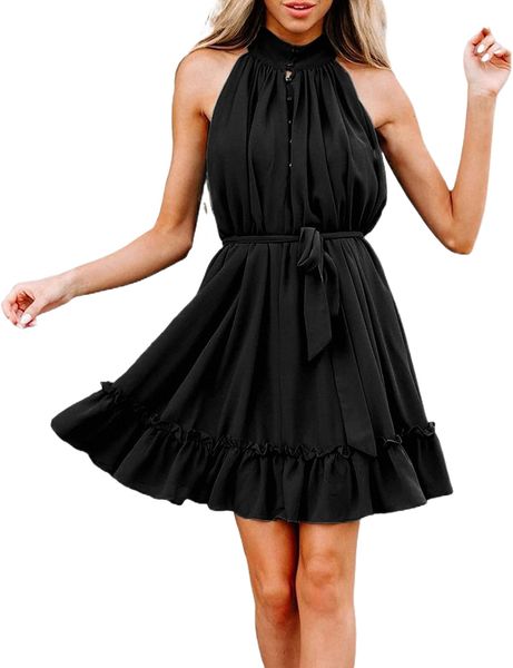 

women's summer casual sleeveless halter neck short dress sundress button down flowy belt a line ruffle mini dress x27z#, Black;gray