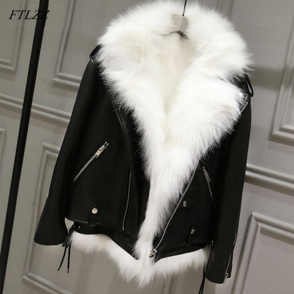 Ftlzz Winter Pu Кожаные куртки женщины белый искусственный мех жилет с черной искусственной кожа