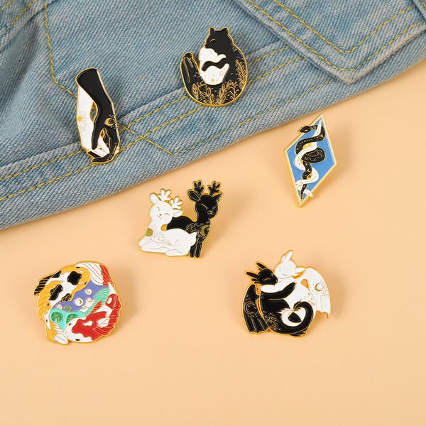 

animal snake fish cat dragon deer hug shaped brooches pins cartoon black white hands twisted clothes badges alloy enamel knapsack sweater co, Gray