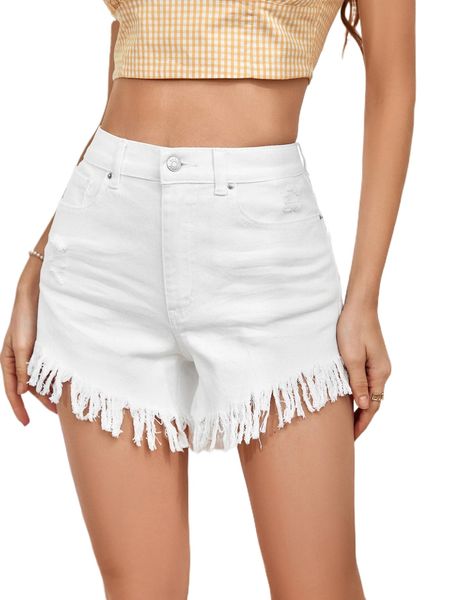 

zipper fly fringe hem denim shorts o79h#, White;black
