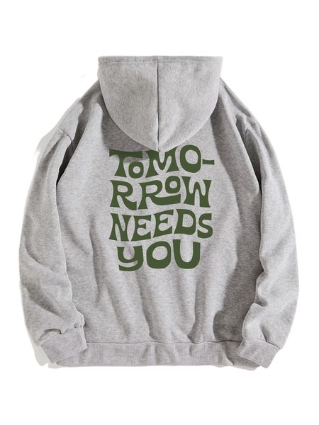 

slogan graphic drawstring thermal lined hoodie k5cp#, Black