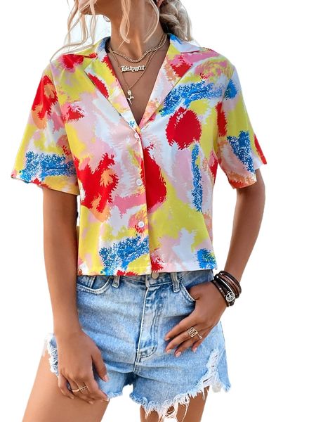 

random allover print lapel collar blouse h5eg#, White