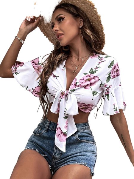 

floral print flounce sleeve tie front crop m71o#, White