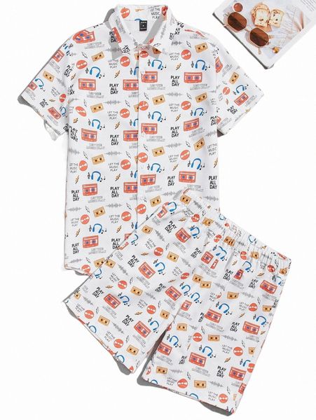 

men allover print shirt & shorts d5en#, Gray