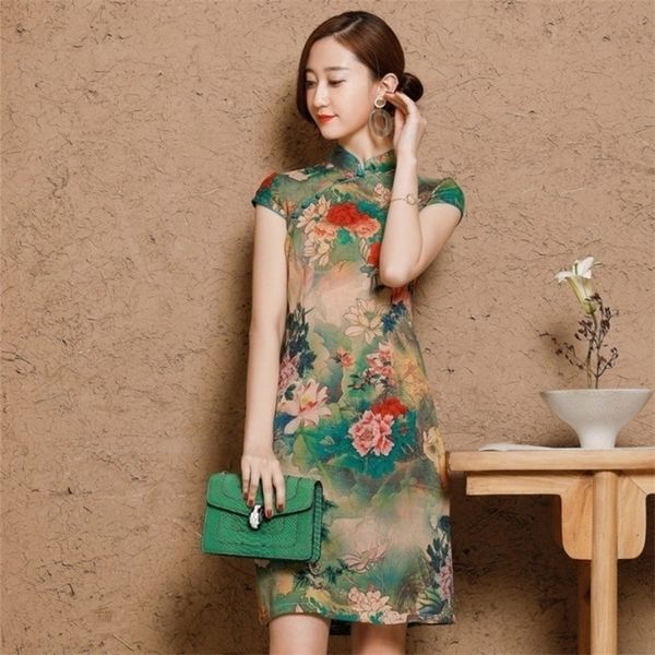 5xl Women Stket Oriental Plays Plants Printing Elastic Qipao New Short Cheongsam Restore Древнее традиционное китайское платье LJ200827