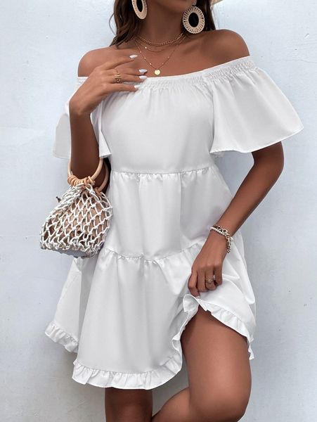 

off shoulder flounce sleeve ruffle hem smock dress c1hm#, Black;gray