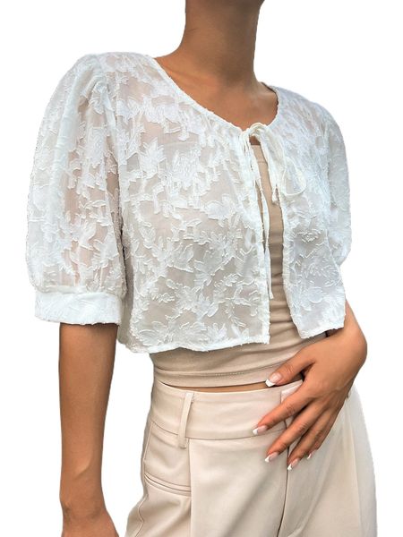 

dazy tie front puff sleeve fuzzy p4rk#, White