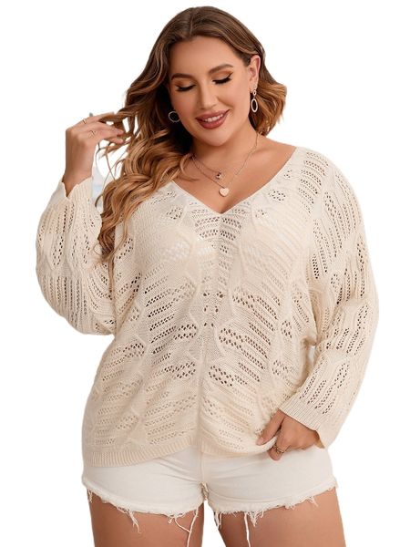 

plus 1pc pointelle knit drop shoulder v-neck sweater g5wv#, Black