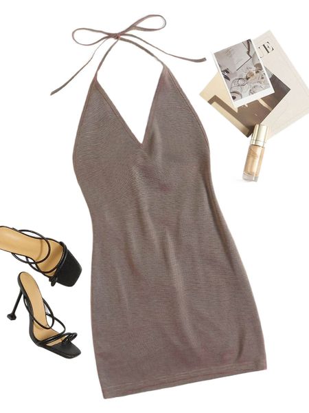 

contrast binding tied backless halter dress b2p6#, Black;gray