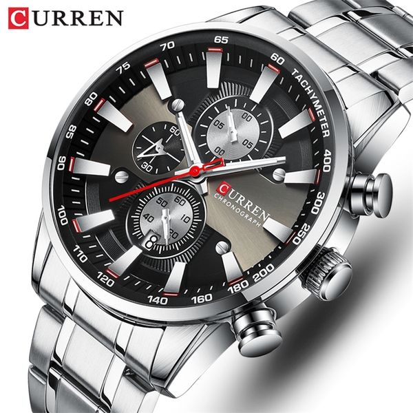 

curren watches men luxury brand big military sport watch mens stainless steel waterproof chronograph wristwatch male clock 220524, Slivery;brown