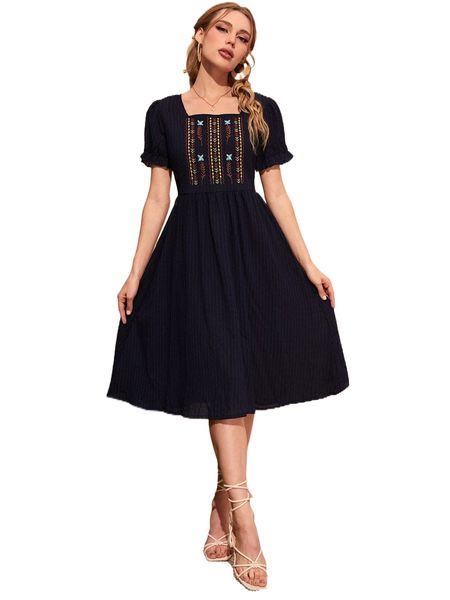 

floral embroidery puff sleeve dress w0mi#, Black;gray